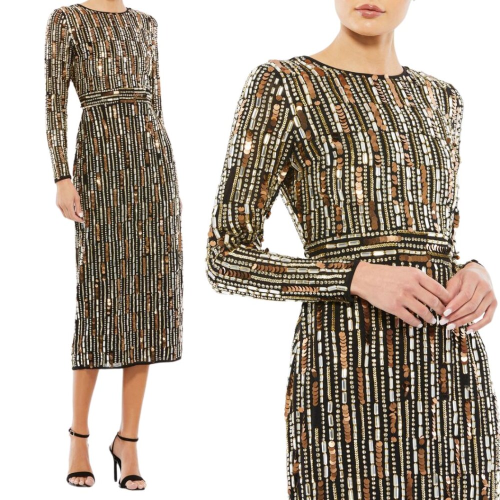 Mac Duggal 93590 Size 2 Black Gold Long Sleeve High Neck‎ Midi Cocktail Dress